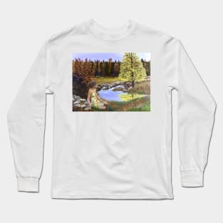 Woman girl seated by forest pond landscape painting peaceful relaxed zen yoga buddhism Long Sleeve T-Shirt